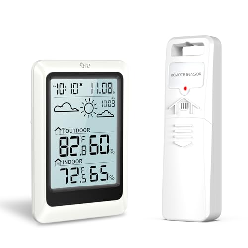 KeeKit Indoor Outdoor Thermometer, Weather Station with Large LCD Display, Upgraded Temperature Humidity Monitor with Backlight, Time, Alarm Clock, Snooze for Home, Office, Garden - color: Cream
