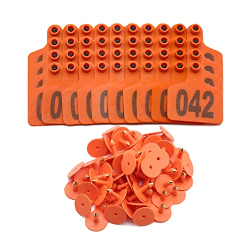 100PCS Cattle Ear Tags Numbered 001-100, Plastic Livestock Animal Ear Tag for Cows Goats Sheep Pigs Animal Identification Earring Tagger (Orange) - color: Orange
