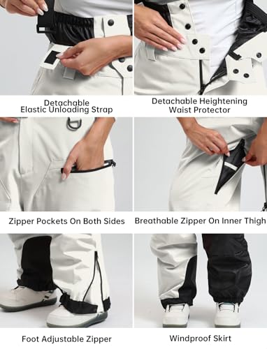 GSOU SNOW Men Women Snowboard Pants-Baggy Ski Snow Bibs | 15K Waterproof Overalls,Insulated Windproof Breathable,Detachable Shoulder Straps - color: Beige, size: XX-Large