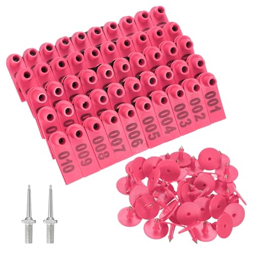 M METERXITY 100-Pack Sheep Ear Tags 001-100 Number, Plastic Livestock Tags with 2 Ear Label Needles for Cows/Sheep/Cattle/Pig, Farm Animal Identification Markers [Rose Red] - color: Rose Red