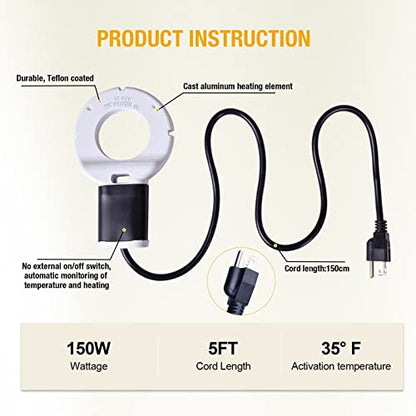 150W Chicken Water Heater, Submersible Bucket Heater Deicer for 5 Gallon, Heated Chicken Waterer for Winter, Freeze-Proof Poultry Waterer, Stock Tank & Water Trough Warmer for Livestock - size: 150Watt