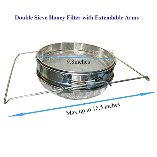 Honey Strainer for 5 Gallon Bucket Stainless Steel Double Sieve Honey Filter Strainer for Clean Honey with Up to 16.5 inches Extendable Arms