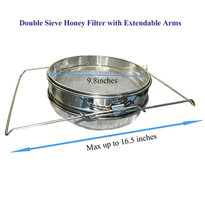 Honey Strainer for 5 Gallon Bucket Stainless Steel Double Sieve Honey Filter Strainer for Clean Honey with Up to 16.5 inches Extendable Arms