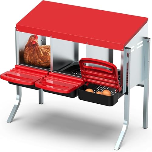 HOSTIC Red Chicken Nesting Box for Laying Egg with 3 Compartment and Metal Legs Chicken Egg Laying Box with Lid Cover