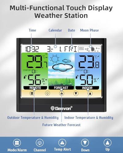Geevon Weather Station Wireless Indoor Outdoor Thermometer Hygrometer with Dew Point, Heat Index, Touch LCD Display Digital Weather Thermometer with Alarm Clock and Adjustable Backlight