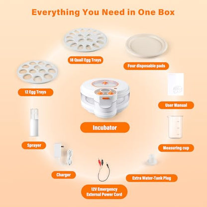 Egg Incubator for Hatching Eggs: Automatic Turner with ±1°F Temperature & Auto Humidity Control - 21-Day Stable Hatching for Chickens - 12-18 Eggs Per Batch - No Assembly