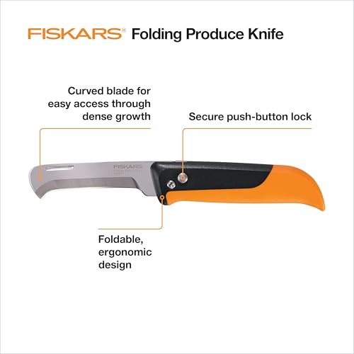 Fiskars Folding Produce Knife, Gardening Tool for Harvesting Produce with Foldable Ergonomic Design, Stainless Steel Curved Blade, Orange - style: Folding Harvest Knife