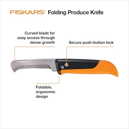 Fiskars Folding Produce Knife, Gardening Tool for Harvesting Produce with Foldable Ergonomic Design, Stainless Steel Curved Blade, Orange - style: Folding Harvest Knife
