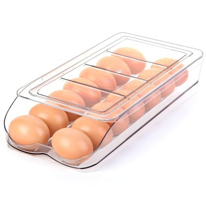 RoskDeewat Egg Holder for Fridge, Automatic Rolling Egg Container for Refrigerator, Stackable Fridge Organizers and Storage with Lid, Clear Plastic Egg Dispenser,Bin & Tray (1 Tier) - size: 1 Tier Holder 14 Eggs