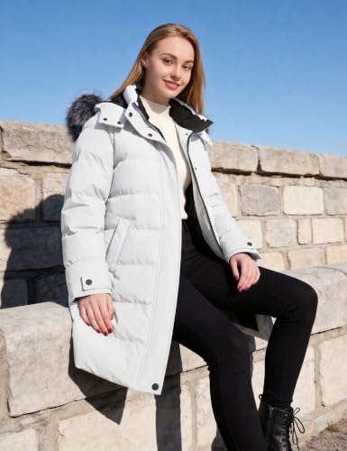 wantdo Women's Long Quilted Winter Coat Thicken Puffer Jacket with Faux Fur Hood - color: Beige, size: Medium