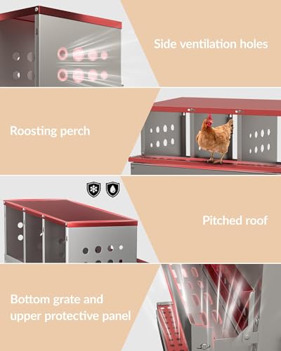 Galvanized Metal Chicken Nesting Box - 6 Compartments with Perch Rod, Egg Collection Tray & Fake Training Eggs - Rustproof Poultry Laying Box for Hens (Red, 6 Compartments with Legs) - color: Red, size: 6 Compartments with Legs