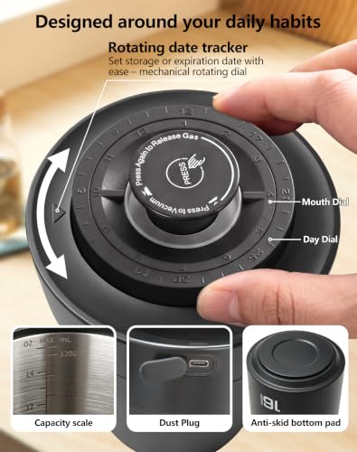 ROTTOGOON Auto Vacuum Coffee Canister, Rechargeable Airtight Coffee Container with 304 Stainless Steel Inner, Scoop, Sealed Coffee Bean Storage Container for Ground Coffee, Tea, Food, 16OZ/ 1.3L - size: 1.3L/16OZ