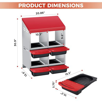 Chicken Nesting Boxes, Heavy-Duty 8-Compartment Metal Chicken Nesting Box – Removable Tray, Ventilation Holes, Easy Egg Collection, Rustproof Galvanized Steel - Red - 4 - Slot - color: Red, size: 4 - Slot - Upgraded Version