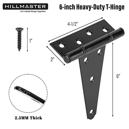 HILLMASTER 6 Inch T-Strap Heavy Duty Shed Door Hinges Gate Strap Hinges Black Tee Hinge Wrought Hardware for Wooden Fences,Yard,Barn Door,Rustproof (4 Pack) - size: 6in 4Pack