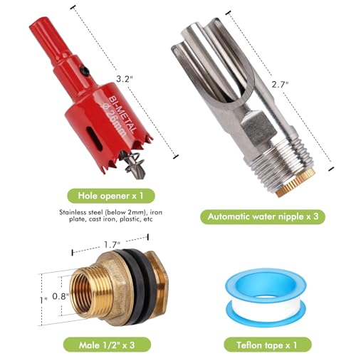 Pig Nipple Waterer for Barrel Kit Stainless Steel Pig Drinker Feeder with Brass Water Tank Connector Kit Automatic Pig Waterer System for Hog Goat Sows Piglets (3 Pig Drinker)