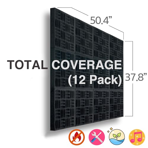 Foroomaco Grid Acoustic Foam Panels, 12.6 x 12.6 x 2 in, 12 Pack, Black | Large sound absorbing acoustic panels for walls reduce echo and room reflections in studios, podcast rooms and home offices - color: Grid Black