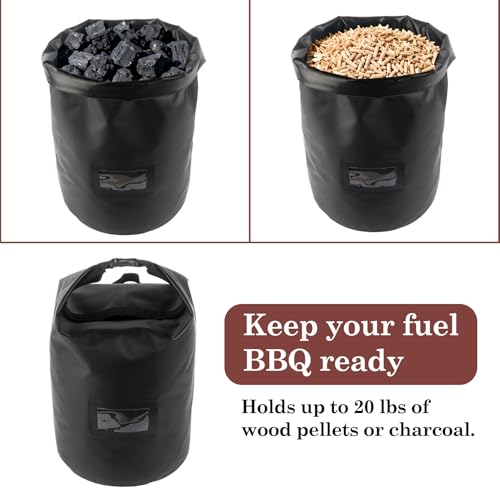Klmnop 22 lbs Wood Pellet Storage Bag, Waterproof 500D Oxford Fabric Container with Handle and PVC Label Window for Pellets and Charcoal, Wood Chips(Black)