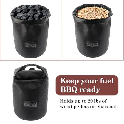 Klmnop 22 lbs Wood Pellet Storage Bag, Waterproof 500D Oxford Fabric Container with Handle and PVC Label Window for Pellets and Charcoal, Wood Chips(Black)