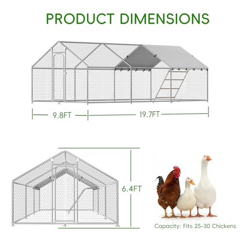 Large Metal Chicken Coop with Roosting Perch, Waterproof and UV-Resistant Cover,Outdoor Walk-in Cage Hen House for Yard Farm Rabbit Duck Chicken Run with Spire Roof (10'W x 19.7'L x 6.4'H) - size: 236.2"L x 118.0"W x 78.0"H
