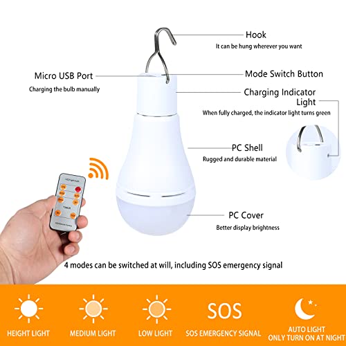 Solar Light Bulbs Rechargeable with Remote Timer, 4 Modes Solar Powered Lantern for Indoor&Outdoor Chicken Coop Hurricane Emergency Lighting Hiking Camping (White, 300lm-2pack)