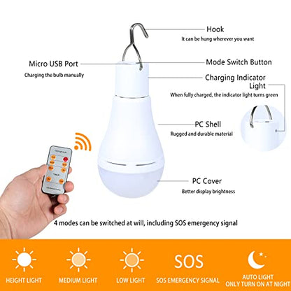 Solar Light Bulbs Rechargeable with Remote Timer, 4 Modes Solar Powered Lantern for Indoor&Outdoor Chicken Coop Hurricane Emergency Lighting Hiking Camping (White, 300lm-2pack)