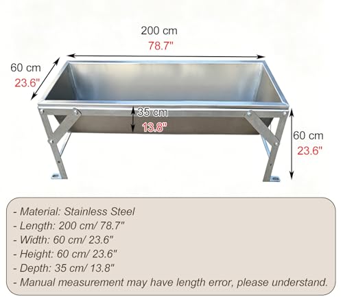 Large Capacity Goat Feeder with Bracket, Thickened Stainless Steel Livestock Water Trough, Heavy Duty Large Feed Trough for Sheep, Cattle(200x60xH60cm/78.7x23.6x23.6in) - size: 200x60xH60cm/78.7x23.6x23.6in