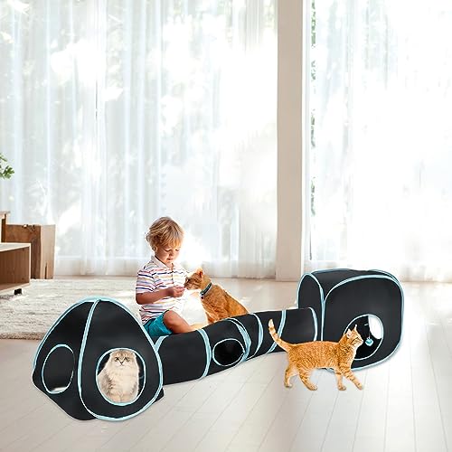 YUEPET Rabbit Tunnel and Cube Collapsible Tent Bunny Interactive Crinkle Tunnel Toys Small Animal Hideout with Play Ball for Dwarf Rabbit Bunny Guinea Pig (Blue Black) - color: Black Blue