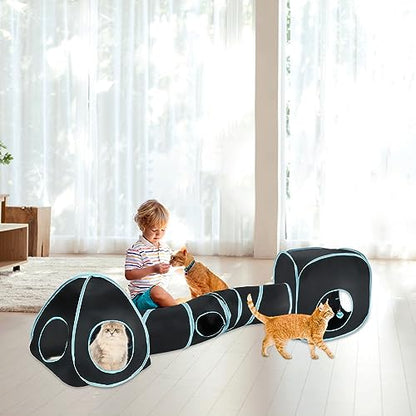 YUEPET Rabbit Tunnel and Cube Collapsible Tent Bunny Interactive Crinkle Tunnel Toys Small Animal Hideout with Play Ball for Dwarf Rabbit Bunny Guinea Pig (Blue Black) - color: Black Blue