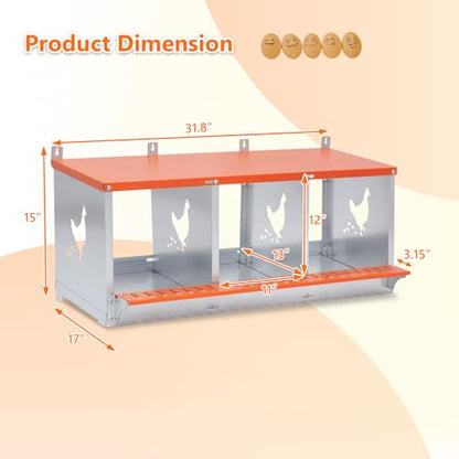 Chicken Nesting Box for Laying Eggs (31.8" L x 17" W x 15" H) | 3 Room Chicken Laying Boxes, Nesting Boxes for Chickens, Heavy Duty Metal Chicken Coop - size: 31.8" L x 17" W x 15" H