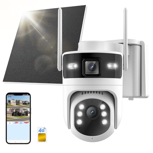 4G LTE Cellular Solar Security Camera Wireless Outdoor: No WiFi Dual-Lens Cámara, Pan and Tilt, 24/7 AOV Recording, 360° Live View Built-in 4G SIM Card, 2K Color Night Vision,PIR Motion - style: 4G