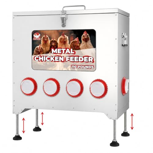 Large Chicken Feeder No Waste, 110lbs Capacity 10 Port,Metal Chicken Feeder with Adjustable Height - Rainproof Locking Lid Galvanized Poultry Feeder for Chickens,Ducks,Turkeys