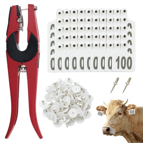 Cattle Ear Tags Numbered 001-100 with Pliers, Plastic Livestock Animal Ear Tag for Cows Goats Sheep Pigs (White) - color: White