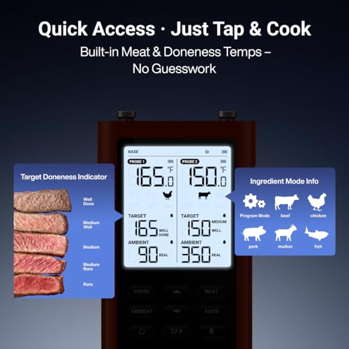 ThermoMaven 3000FT Smart Wireless Meat Thermometer, Sub-1G Long Range, 6 Sensors NIST Certified Accuracy, 2 Thin Probes, Standalone Base with Large LCD for Grill, Smoker, Oven, BBQ - color: Red