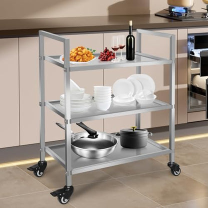 3 Shelf Stainless Steel Cart,400 Lbs,1MM Thick，Serving Cart with Wheels, Household, Service Trolley,360°Rotation Storage Shelf with Locking Wheels 29.5 * 15.7 * 37.4'' L*W*H