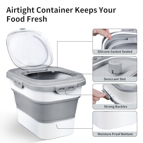 Komzon Rice Storage Container, Collapsible Airtight Food Storage Containers 6-20 Lbs, Rice Dispenser with Measuring Cup and Small Bin for Flour Cereal Pasta Grain, Cat Pet Dog Bird Food Container - color: Gray