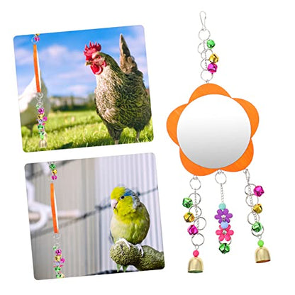 LIOOBO 1Pc Hens Mirror with Bells Chicken Mirror Toy Hanging Rooster Mirror for Birds Acrylic and Wood Fun Cage Decoration for Chickens and Pets