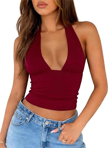 ForeFair Women Sexy Halter Neck Backless Going Out Crop Tank Top Deep V Neck Open Back Sleeveless Slim Fit Y2k Summer Tops - color: Burgundy, size: Small