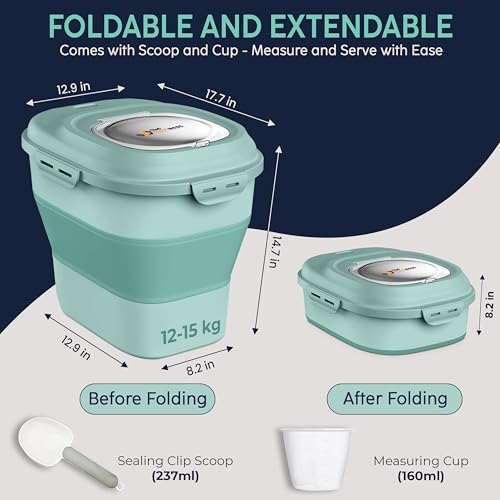 Dog Food Storage Container 30-35 lb, Airtight Collapsible Cute Dog Food Container with Wheels & Scoop, Stackable Pet Food Storage Container for Dog & Cat Food - color: Green