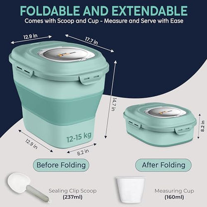 Dog Food Storage Container 30-35 lb, Airtight Collapsible Cute Dog Food Container with Wheels & Scoop, Stackable Pet Food Storage Container for Dog & Cat Food - color: Green