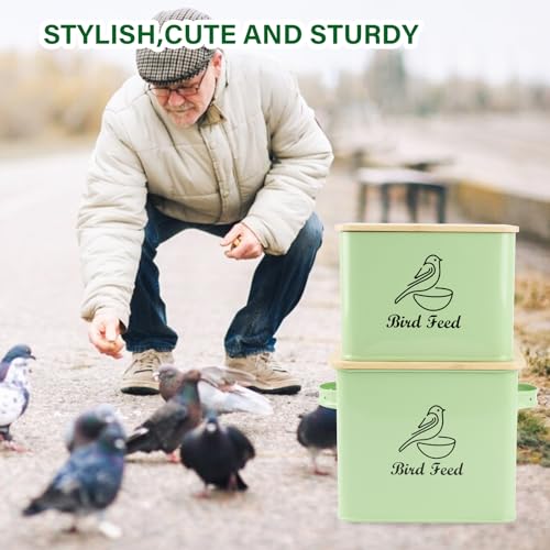 Airtight Bird Seed Storage Container Set of 2, 10LB Metal Bird Food Container with Bamboo Lids,Wild Bird Seed Tin for Storing Sunflower Seed-Squirrel proof -Green - color: Green(Bird Feed)