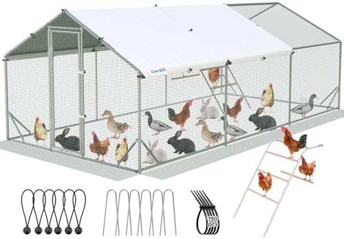 Quictent Large Metal Chicken Coop Run for 30+ Poultry with Metallic Perch, Side Hardware Cloth & Cover, Advanced Series Outdoor Walk-in Cage Hen Duck Rabbit Dog Pen Yard Farm House, 18x9x6.6FT - color: Metallic, size: 214.5"L x 107.3"W x 78.0"H