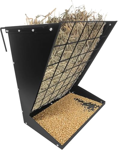 Wall Mount Hay Feeder for Goats, 18.5 Gallon Livestock Feeder with 2.5 Gallon Feed Tray, 2 in 1 Hay and Grain Rack, Heavy-Duty Galvanized Steel Goat Feeders for Sheep, Horses Hanging Indoor/Outdoor - color: black