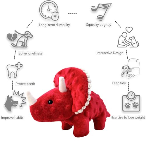Squeaky Dog Toys Plush Dog Toy with Crinkle Paper Stuffed Durable Dog Chew Toys for Small Middle and Large Dogs Triceratops Red - color: Triceratops Red