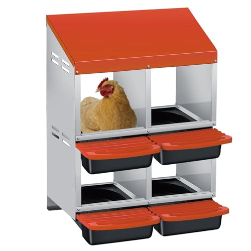 Metal Chicken Nesting Box with Easy-Collect Tray & Lid – 3/4/2x2 Compartment Heavy Duty Roll Away Nesting Boxes for Chickens, Wall Mount or Freestanding, Galvanized Steel Hen Laying Box for Coop - color: Orange, size: 4 Holes & 2-tier