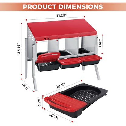 Chicken Nesting Box 3-Compartment Roll-Out with Pull-Out Trays, Egg Nesting Boxes for Hens, Chicken Coop Laying Box,Easy Wall Mounting with Metal Legs - color: red, size: 30.7"L x 20.1"W x 20.1"H