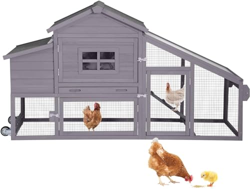 Chicken Coop for 4 Chickens, Mobile Chicken House with with Wheels, Outdoor Hen House Poultry Cage with Nesting Box, Leakproof Pull Out Tray and UV-Resistant Roof (67.3" L x 29" W x 39.4" H) - color: Grey, size: 63.0"L x 27.0"W x 39.4"H