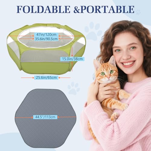 2-in-1 Small Animals Playpen with Pad, Waterproof Small Pet Cage Tent with Reusable Pad, Portable Outdoor Yard Fence with 3 Metal Rod for Chick/Kitten/Puppy/Guinea Pig/Rabbits/Chinchillas, Green+Gray - color: U-Green+Gray