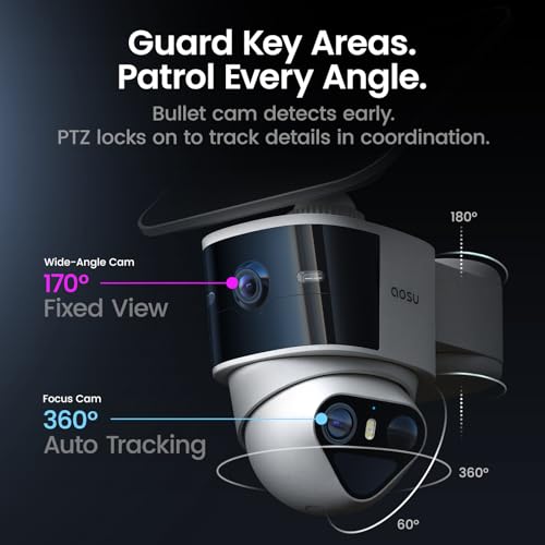 aosu T2 Pro Solar Security Cameras Wireless Outdoor, 2 Cam Kit, 3K Dual Cam No Blind Spot Security Camera for Home, 170° Wide + 360° PTZ, AI Tracking, 8X Zoom, Expandable 1TB Local Storage - style: 2-Cam-Kit