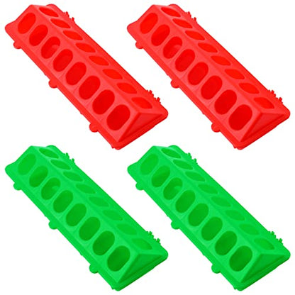 4 Pcs Plastic Flip Top Poultry Feeder Small Plastic Chicken Feeder for Pigeon Duckling Quail Drinker No Mess No Waste Multihole Birds Feeding Dish Dispense(Red, Green)