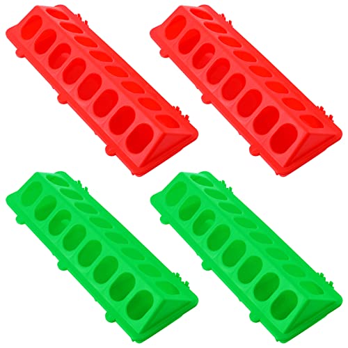 4 Pcs Plastic Flip Top Poultry Feeder Small Plastic Chicken Feeder for Pigeon Duckling Quail Drinker No Mess No Waste Multihole Birds Feeding Dish Dispense(Red, Green)